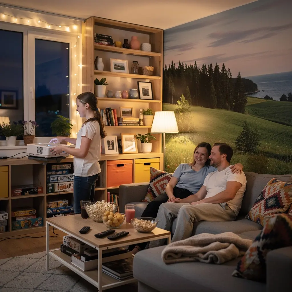 Magamistuba, kus on ruumisäästlikud mööbel ja pehme, meeldiv valgus.